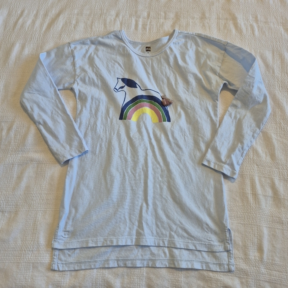 Tea Collection girls size 10 long sleeve shirt with rainbow horse design lt blue
